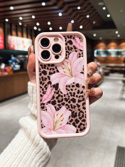 Cute Pink Flower Elements Fashion Phone Cases Lily Flower Butterfly Leopard Print Matte Anti-Drop Phone Case Compatible With IPhone 11, 12, 13, 14, 15, 16, 13 Pro Max, 16 Plus, XR, 7, 8 Plus, 17 Pro M
