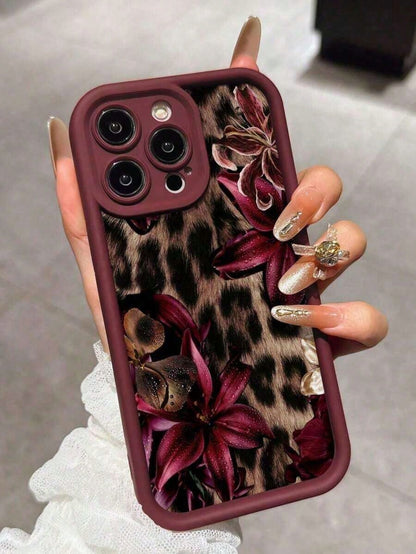 Cute Pink Lily Flower & Leopard Print Matte Anti-Drop Phone Case Compatible With IPhone 11, 12, 13, 14, 15, 16, 13 Pro Max, 16 Plus, XR, 7, 8 Plus, 17 Pro Max, AIR
