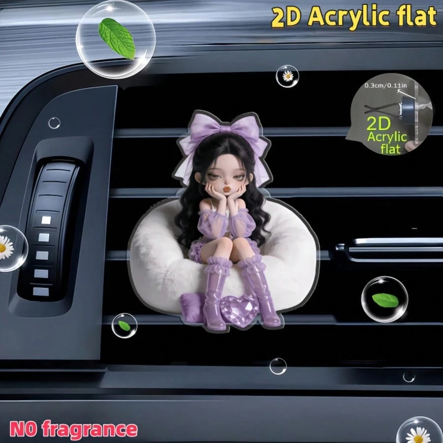 Cute Resting Cheeks Girl Vent Ornament, Flat 2D Printed Transparent Acrylic Car Air‑Vent Charm, Metal Spring Clip‑On Girly Car Interior Gift For Women Drivers