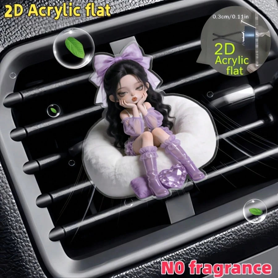 Cute Resting Cheeks Girl Vent Ornament, Flat 2D Printed Transparent Acrylic Car Air‑Vent Charm, Metal Spring Clip‑On Girly Car Interior Gift For Women Drivers