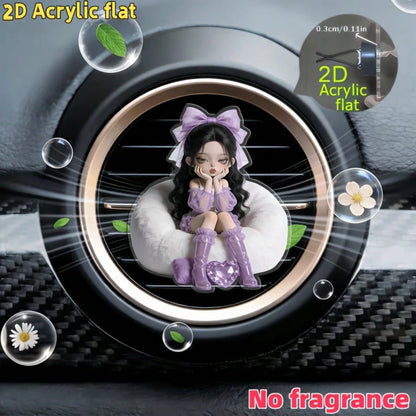 Cute Resting Cheeks Girl Vent Ornament, Flat 2D Printed Transparent Acrylic Car Air‑Vent Charm, Metal Spring Clip‑On Girly Car Interior Gift For Women Drivers