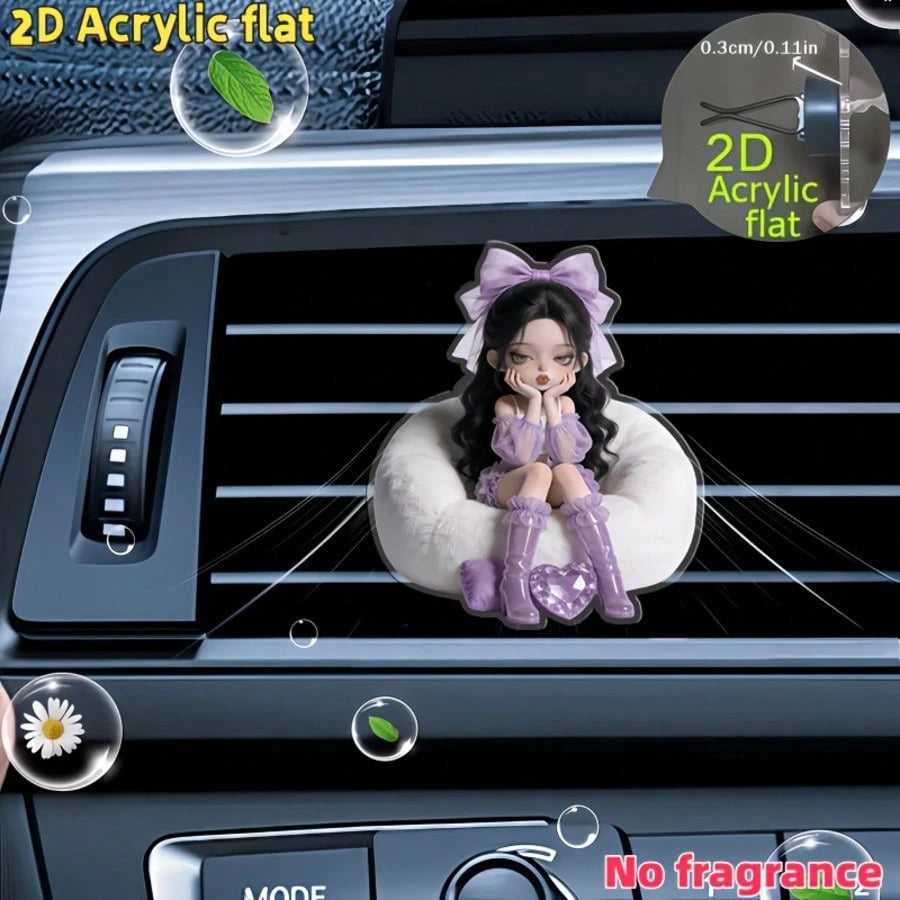 Cute Resting Cheeks Girl Vent Ornament, Flat 2D Printed Transparent Acrylic Car Air‑Vent Charm, Metal Spring Clip‑On Girly Car Interior Gift For Women Drivers