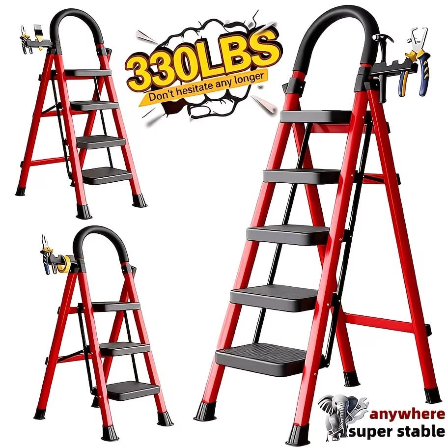 CVNU Heavy-Duty 2/3/4/5-Step Portable Folding Ladder, 330 Lbs Weight Capacity, Durable Plastic Folding Ladder With Non-Slip Steps, Lightweight And Portable, Suitable For Both Household And Industrial