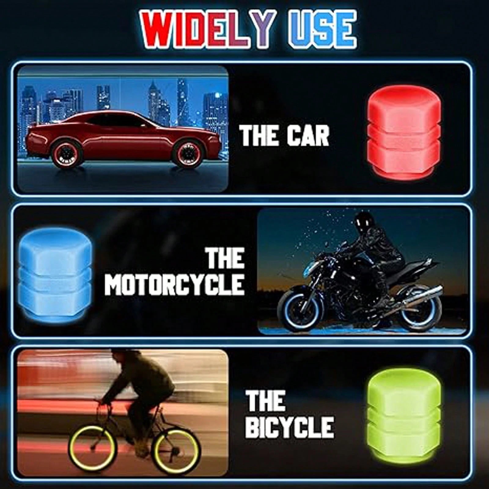 CyberDyer 4pcs Glow-In-The-Dark Tire Valve Caps, Luminous Dust-Proof Tire Valve Stem Covers For Motorcycle & Bicycle