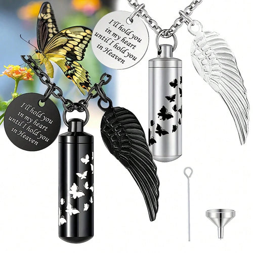 Cylinder Urn Necklace For Ashes Butterfly Cremation Jewelry For Ashes Memorial Keepsake Pendant With Angel Wing Round Tag Stainless Steel Remembrance Jewelry