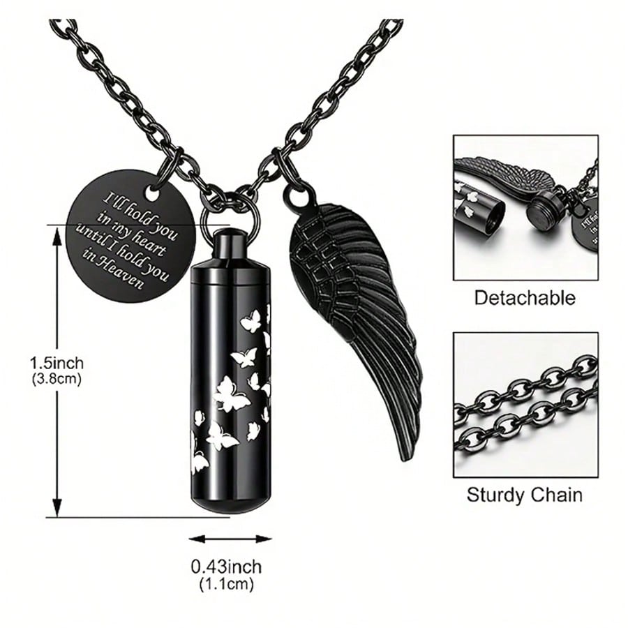 Cylinder Urn Necklace For Ashes Butterfly Cremation Jewelry For Ashes Memorial Keepsake Pendant With Angel Wing Round Tag Stainless Steel Remembrance Jewelry