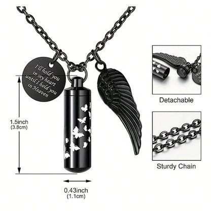 Cylinder Urn Necklace For Ashes Butterfly Cremation Jewelry For Ashes Memorial Keepsake Pendant With Angel Wing Round Tag Stainless Steel Remembrance Jewelry