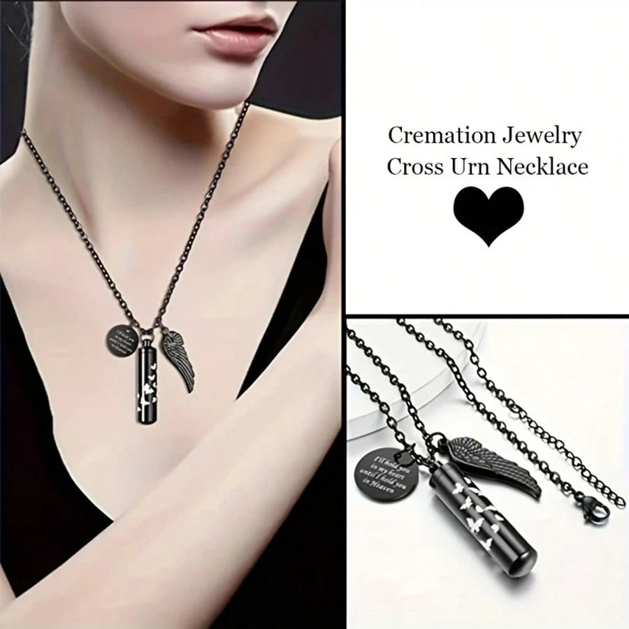 Cylinder Urn Necklace For Ashes Butterfly Cremation Jewelry For Ashes Memorial Keepsake Pendant With Angel Wing Round Tag Stainless Steel Remembrance Jewelry