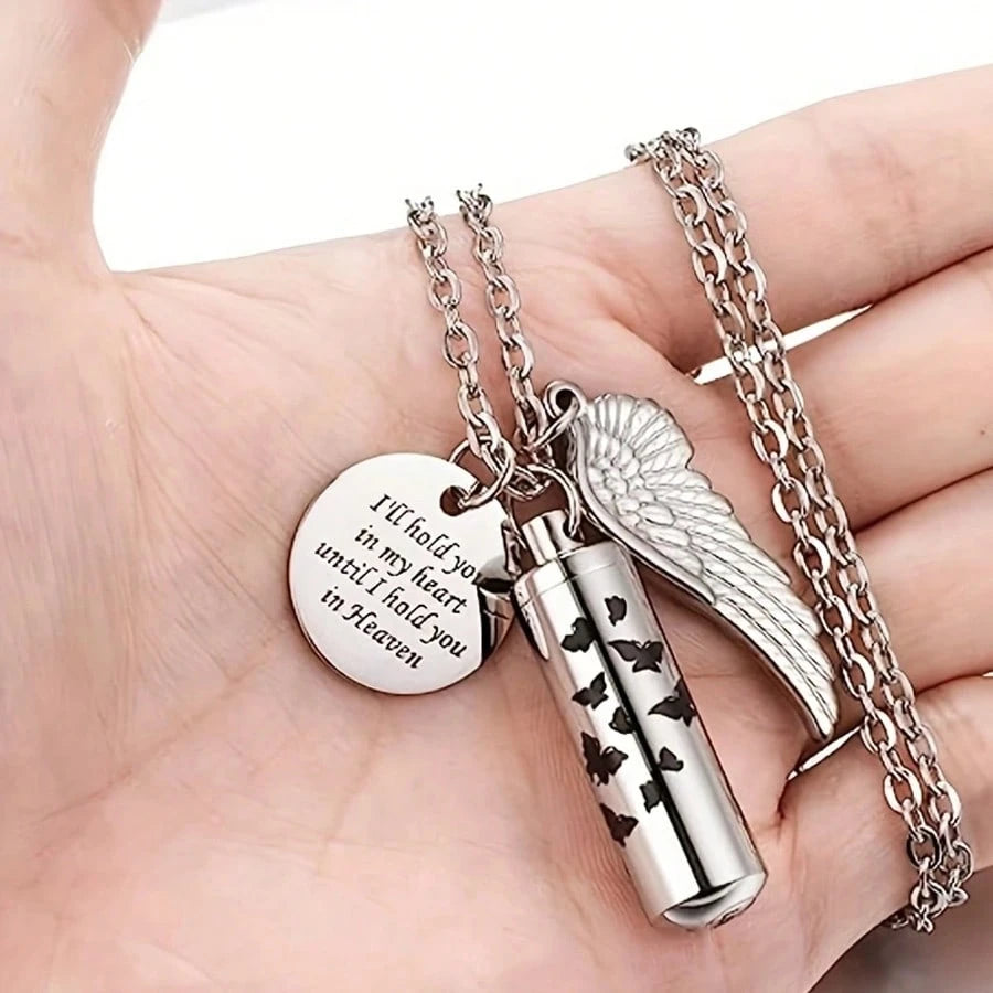 Cylinder Urn Necklace For Ashes Butterfly Cremation Jewelry For Ashes Memorial Keepsake Pendant With Angel Wing Round Tag Stainless Steel Remembrance Jewelry