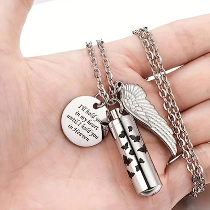 Cylinder Urn Necklace For Ashes Butterfly Cremation Jewelry For Ashes Memorial Keepsake Pendant With Angel Wing Round Tag Stainless Steel Remembrance Jewelry
