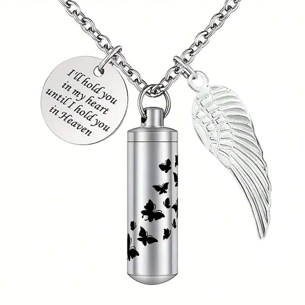 Cylinder Urn Necklace For Ashes Butterfly Cremation Jewelry For Ashes Memorial Keepsake Pendant With Angel Wing Round Tag Stainless Steel Remembrance Jewelry