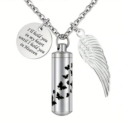 Cylinder Urn Necklace For Ashes Butterfly Cremation Jewelry For Ashes Memorial Keepsake Pendant With Angel Wing Round Tag Stainless Steel Remembrance Jewelry