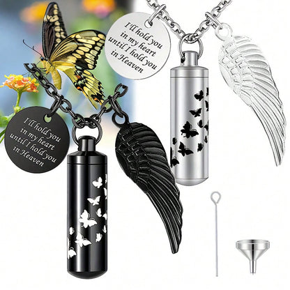 Cylinder Urn Necklace For Ashes Butterfly Cremation Jewelry For Ashes Memorial Keepsake Pendant With Angel Wing Round Tag Stainless Steel Remembrance Jewelry