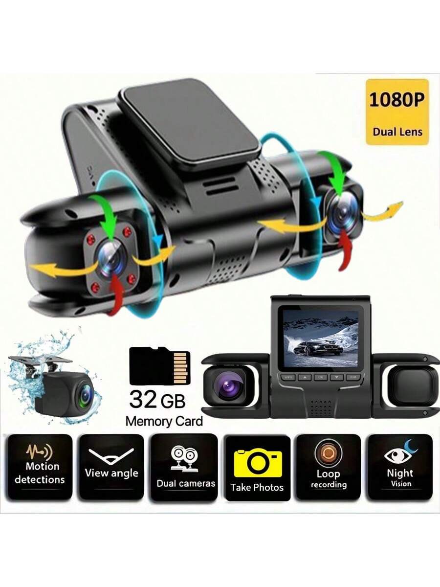 Dash Cam For Car, 3 Channel Car Recorder, 1080P Car Camera Front, Inside And Back, Triple Car Recorder, 32GB Truck Car Recorder, Night Vision, HDR, G Sensor, 24 Hours Parking, 170° Wide Angle, Front A