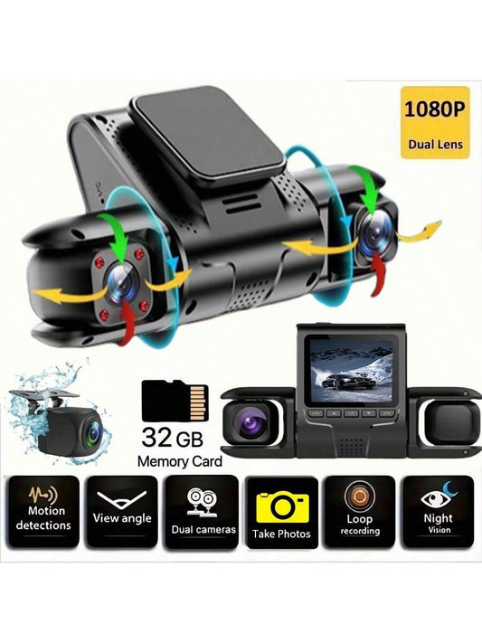 Dash Cam For Car, 3 Channel Car Recorder, 1080P Car Camera Front, Inside And Back, Triple Car Recorder, 32GB Truck Car Recorder, Night Vision, HDR, G Sensor, 24 Hours Parking, 170° Wide Angle, Front A
