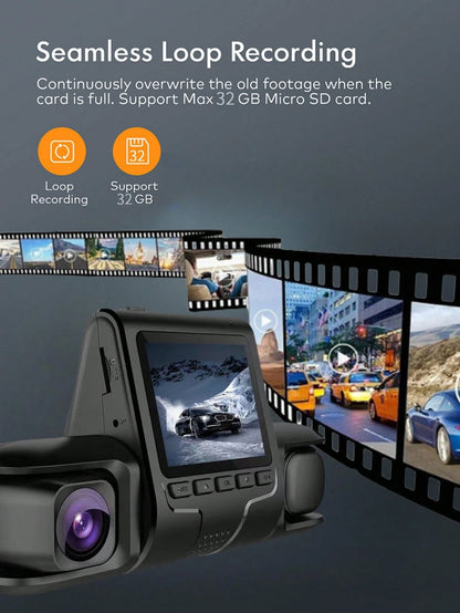 Dash Cam For Car, 3 Channel Car Recorder, 1080P Car Camera Front, Inside And Back, Triple Car Recorder, 32GB Truck Car Recorder, Night Vision, HDR, G Sensor, 24 Hours Parking, 170° Wide Angle, Front A