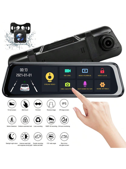 Dash Cam Front Rear, 10in, 1080p Touch Screen Assist Night Vision Dual Car Dash Camera