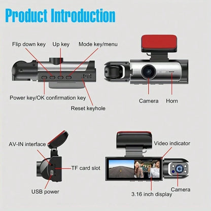 Dash Camera Front And Inside With 32G SD Card, 3.16inch Dash Cam 1080P, G Sensor HD Night Vision Loop Recording Wide Angle Car DVR