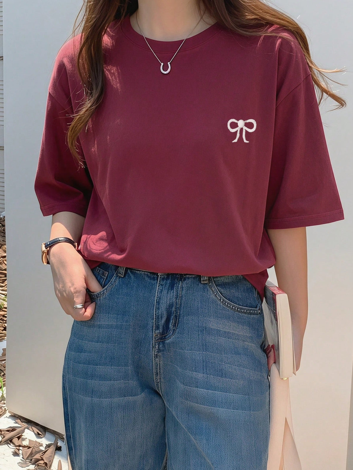 DAZY Bow Embroidery Loose Short Sleeve Round Neck T-Shirt For Women Summer
