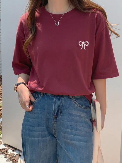 DAZY Bow Embroidery Loose Short Sleeve Round Neck T-Shirt For Women Summer