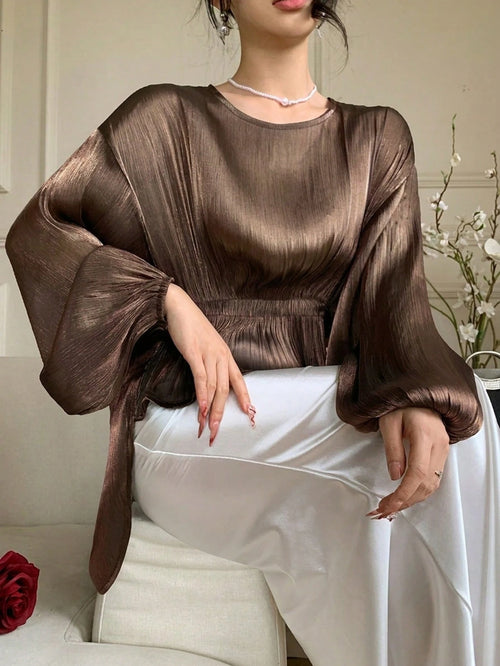 DAZY Brown Chiffon Blouse With Asymmetric Hem, Casual Elegant Ruffle Collar Long Sleeve Shirt For Spring Summer, Suitable For Dates, Weddings, Vacations
