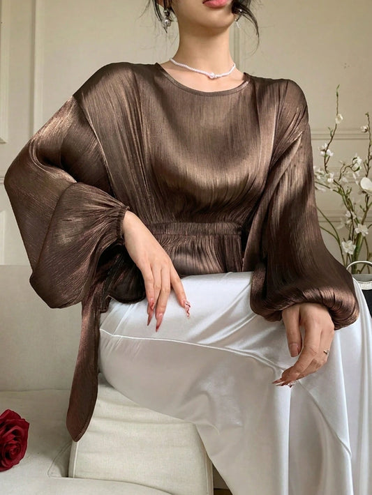 DAZY Brown Chiffon Blouse With Asymmetric Hem, Casual Elegant Ruffle Collar Long Sleeve Shirt For Spring Summer, Suitable For Dates, Weddings, Vacations