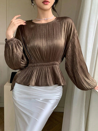 DAZY Brown Chiffon Blouse With Asymmetric Hem, Casual Elegant Ruffle Collar Long Sleeve Shirt For Spring Summer, Suitable For Dates, Weddings, Vacations