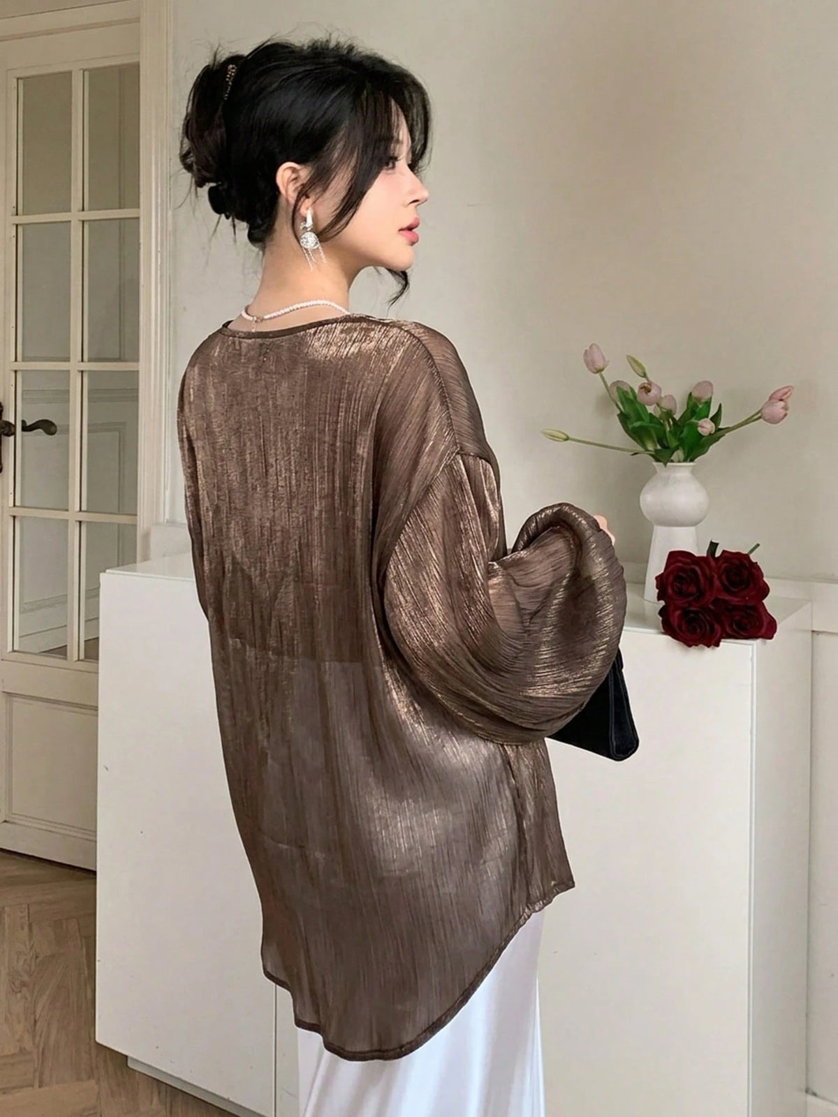 DAZY Brown Chiffon Blouse With Asymmetric Hem, Casual Elegant Ruffle Collar Long Sleeve Shirt For Spring Summer, Suitable For Dates, Weddings, Vacations