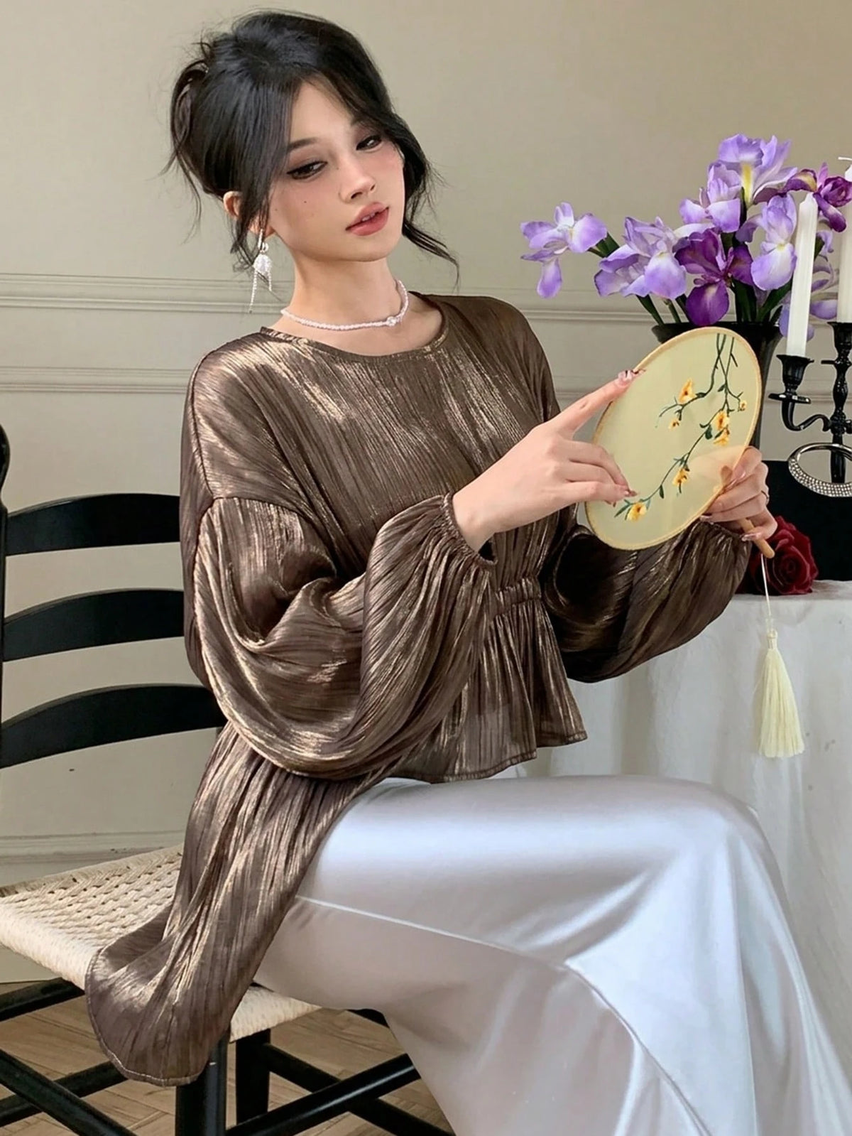 DAZY Brown Chiffon Blouse With Asymmetric Hem, Casual Elegant Ruffle Collar Long Sleeve Shirt For Spring Summer, Suitable For Dates, Weddings, Vacations