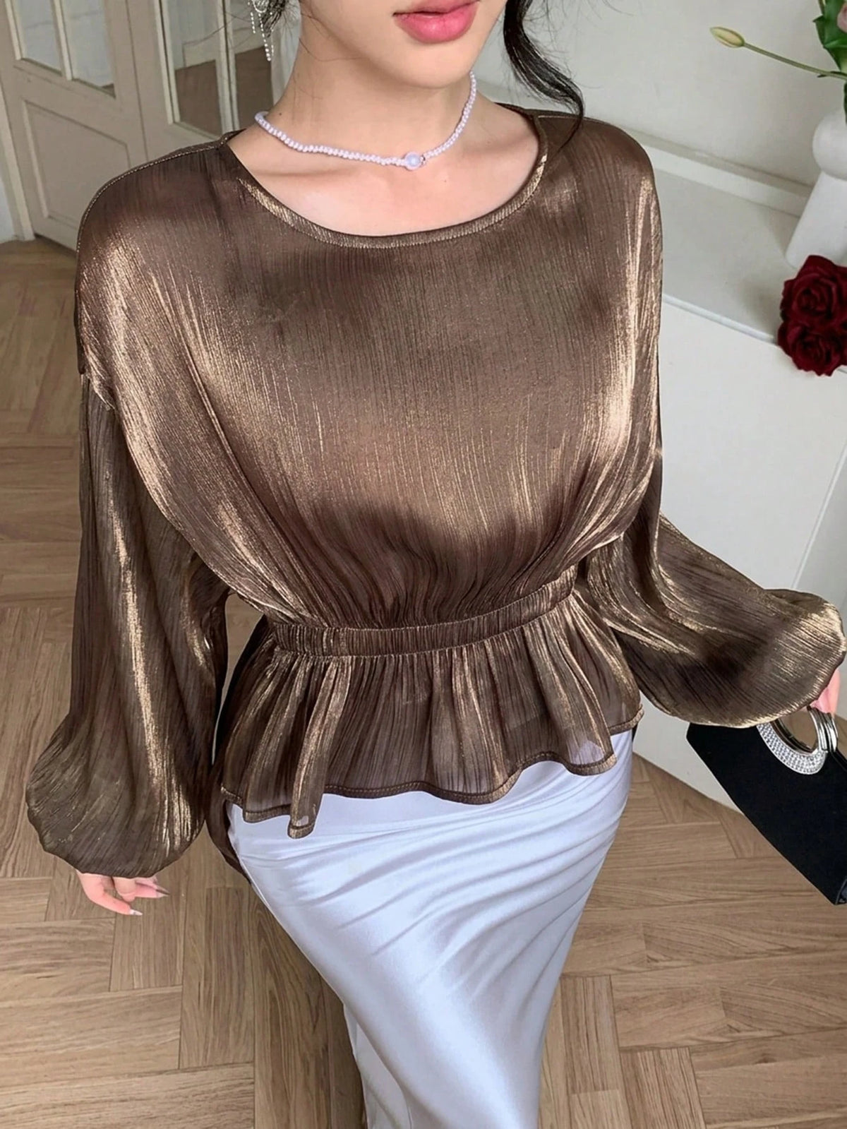DAZY Brown Chiffon Blouse With Asymmetric Hem, Casual Elegant Ruffle Collar Long Sleeve Shirt For Spring Summer, Suitable For Dates, Weddings, Vacations