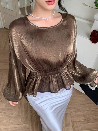DAZY Brown Chiffon Blouse With Asymmetric Hem, Casual Elegant Ruffle Collar Long Sleeve Shirt For Spring Summer, Suitable For Dates, Weddings, Vacations