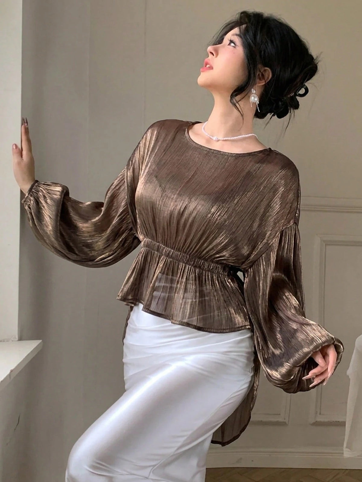 DAZY Brown Chiffon Blouse With Asymmetric Hem, Casual Elegant Ruffle Collar Long Sleeve Shirt For Spring Summer, Suitable For Dates, Weddings, Vacations