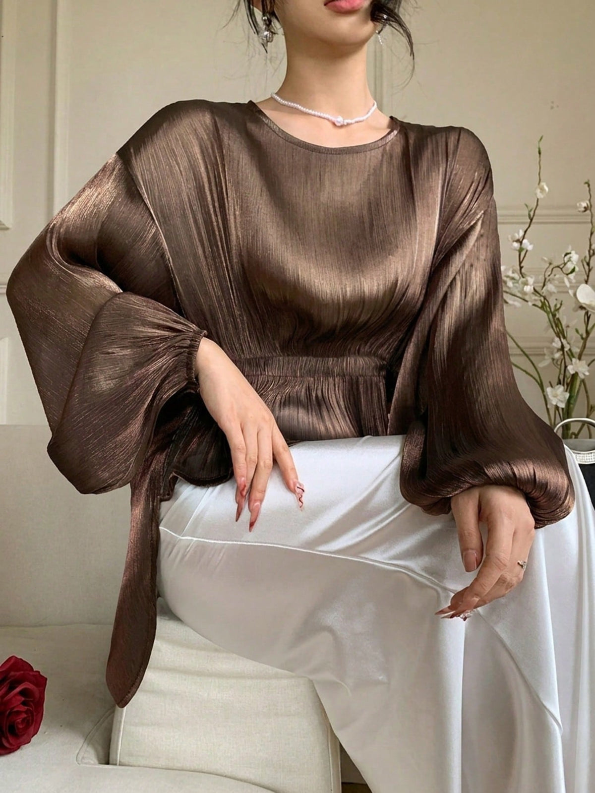 DAZY Brown Chiffon Blouse With Asymmetric Hem, Casual Elegant Ruffle Collar Long Sleeve Shirt For Spring Summer, Suitable For Dates, Weddings, Vacations
