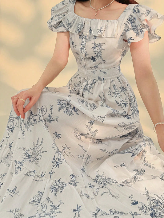 DAZY Flutter Sleeve, Frill Trim, Ditsy Floral Spaghetti Strap Dress, Elegant Office Wear Crew Neck Dress Summer Maxi Dress Sundress