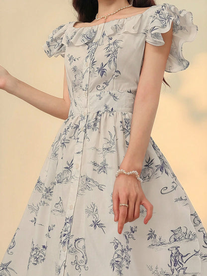 DAZY Flutter Sleeve, Frill Trim, Ditsy Floral Spaghetti Strap Dress, Elegant Office Wear Crew Neck Dress Summer Maxi Dress Sundress
