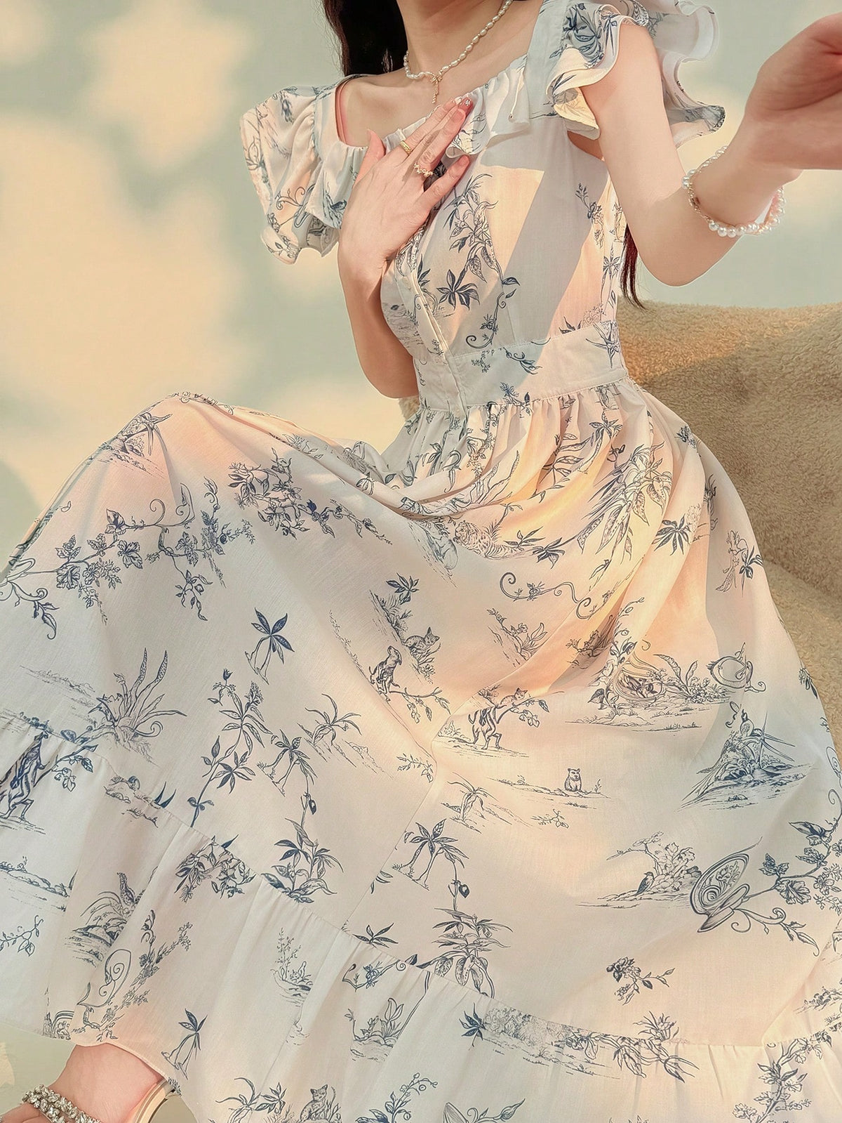 DAZY Flutter Sleeve, Frill Trim, Ditsy Floral Spaghetti Strap Dress, Elegant Office Wear Crew Neck Dress Summer Maxi Dress Sundress