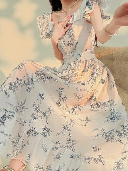 DAZY Flutter Sleeve, Frill Trim, Ditsy Floral Spaghetti Strap Dress, Elegant Office Wear Crew Neck Dress Summer Maxi Dress Sundress