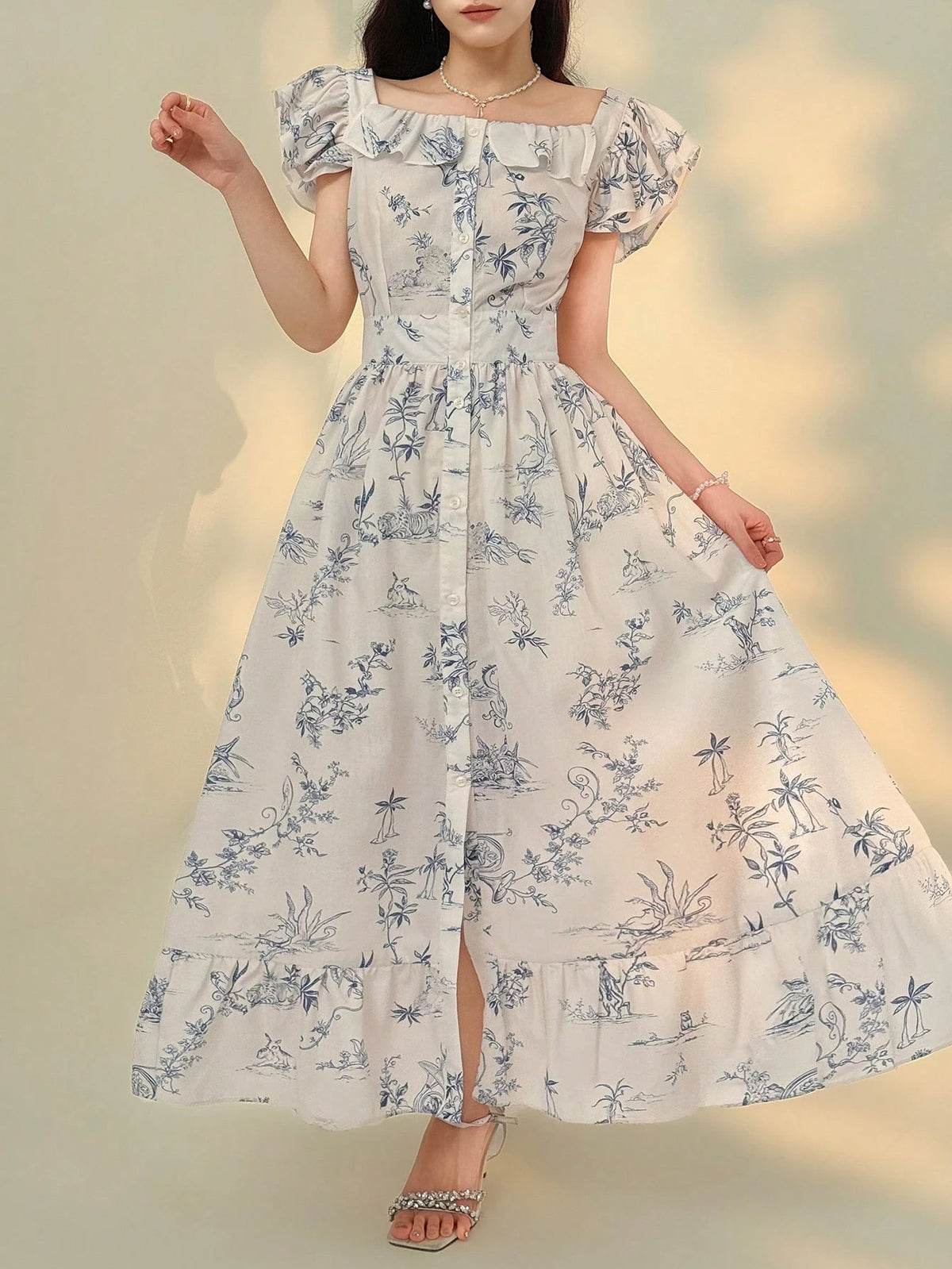DAZY Flutter Sleeve, Frill Trim, Ditsy Floral Spaghetti Strap Dress, Elegant Office Wear Crew Neck Dress Summer Maxi Dress Sundress