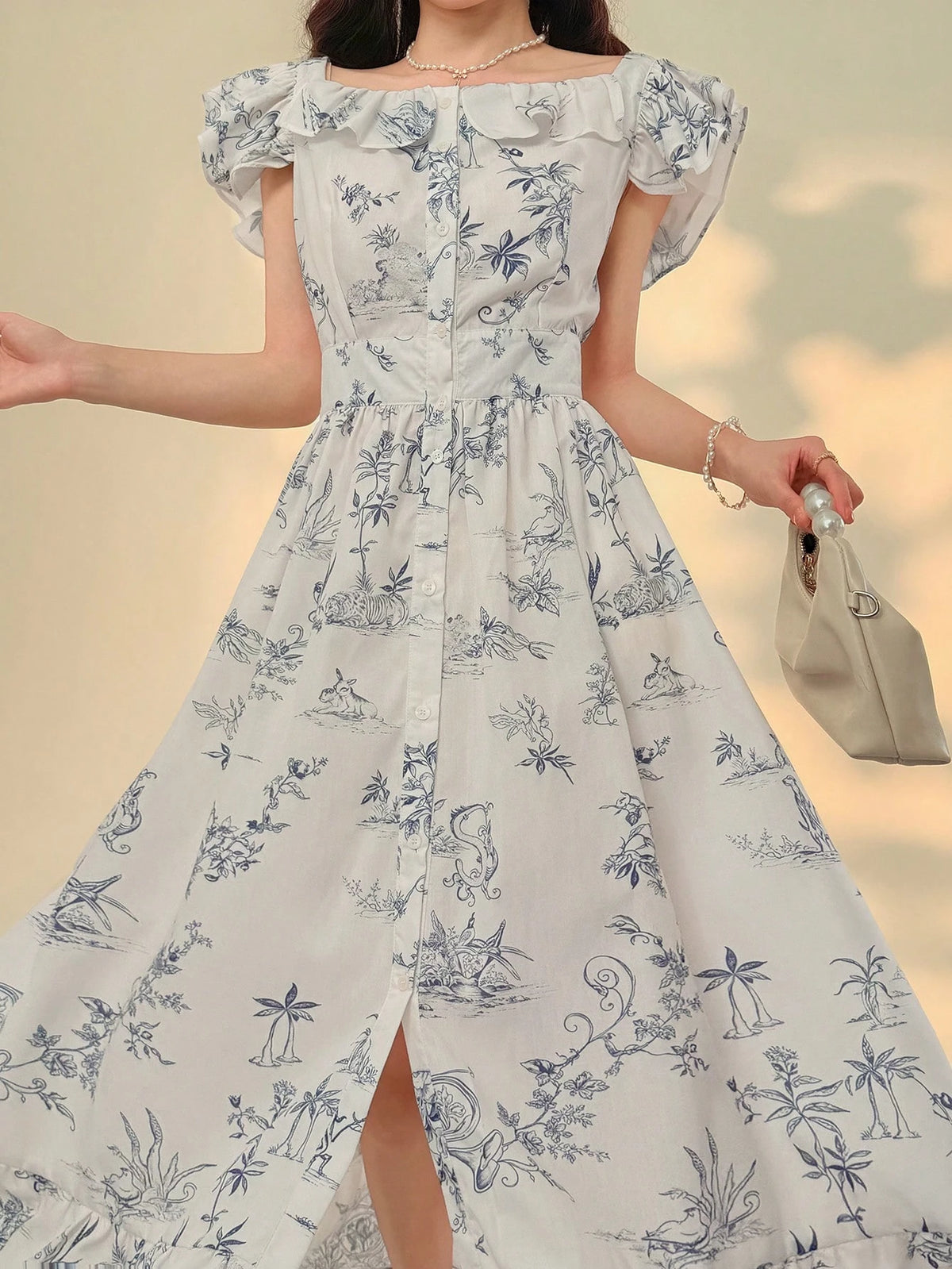 DAZY Flutter Sleeve, Frill Trim, Ditsy Floral Spaghetti Strap Dress, Elegant Office Wear Crew Neck Dress Summer Maxi Dress Sundress