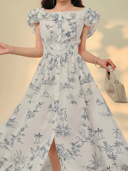 DAZY Flutter Sleeve, Frill Trim, Ditsy Floral Spaghetti Strap Dress, Elegant Office Wear Crew Neck Dress Summer Maxi Dress Sundress