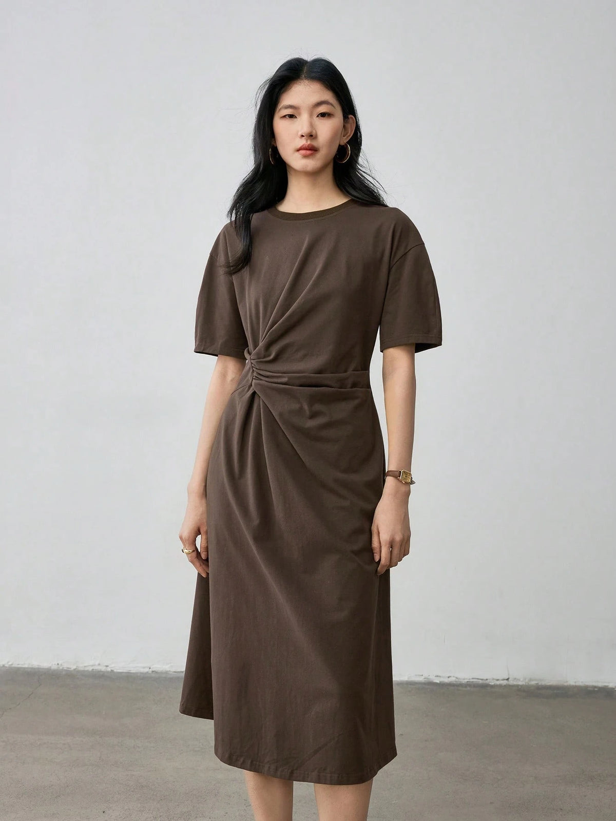 Dazy-Less Casual Business Draped Pleated Design Loose Straight Midi Dress For Women Summer Old Money Style Sundress,Teacher Outfits