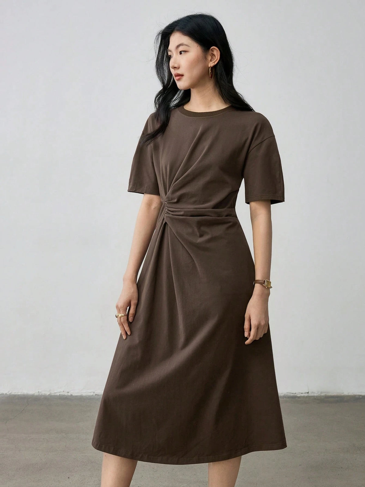 Dazy-Less Casual Business Draped Pleated Design Loose Straight Midi Dress For Women Summer Old Money Style Sundress,Teacher Outfits