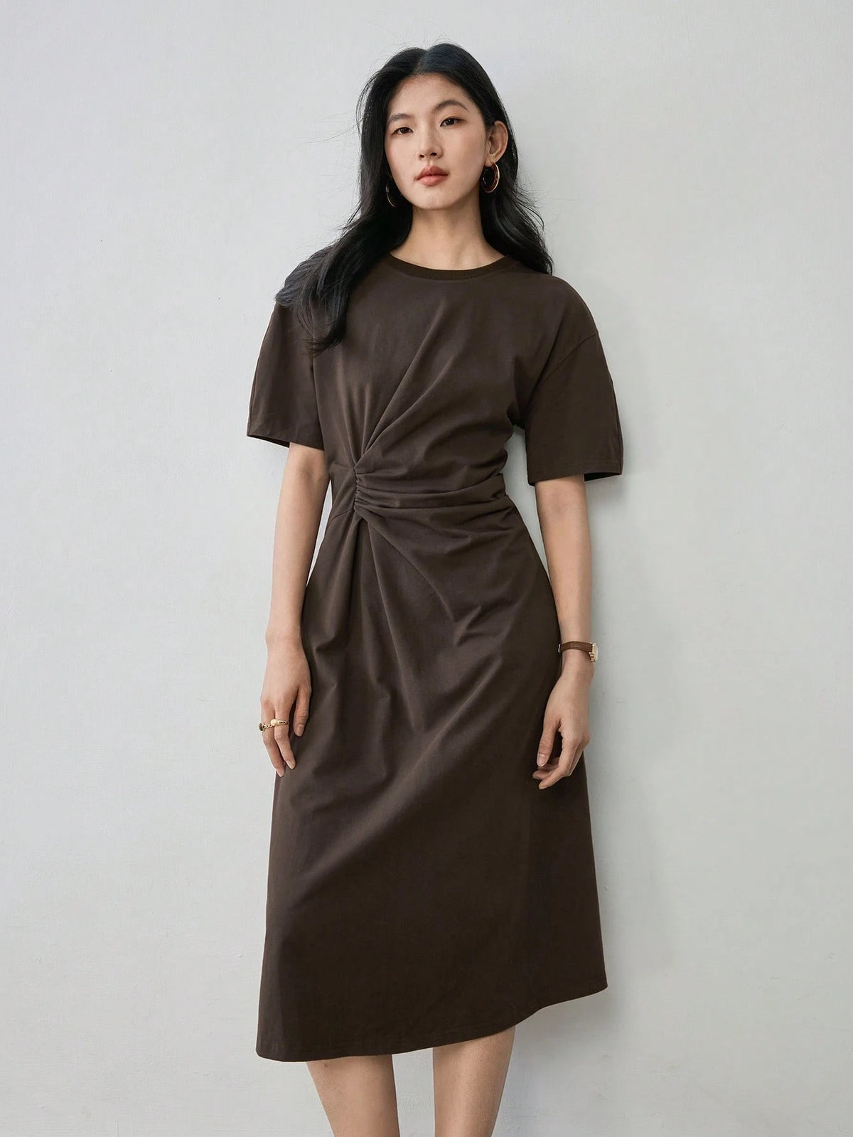 Dazy-Less Casual Business Draped Pleated Design Loose Straight Midi Dress For Women Summer Old Money Style Sundress,Teacher Outfits