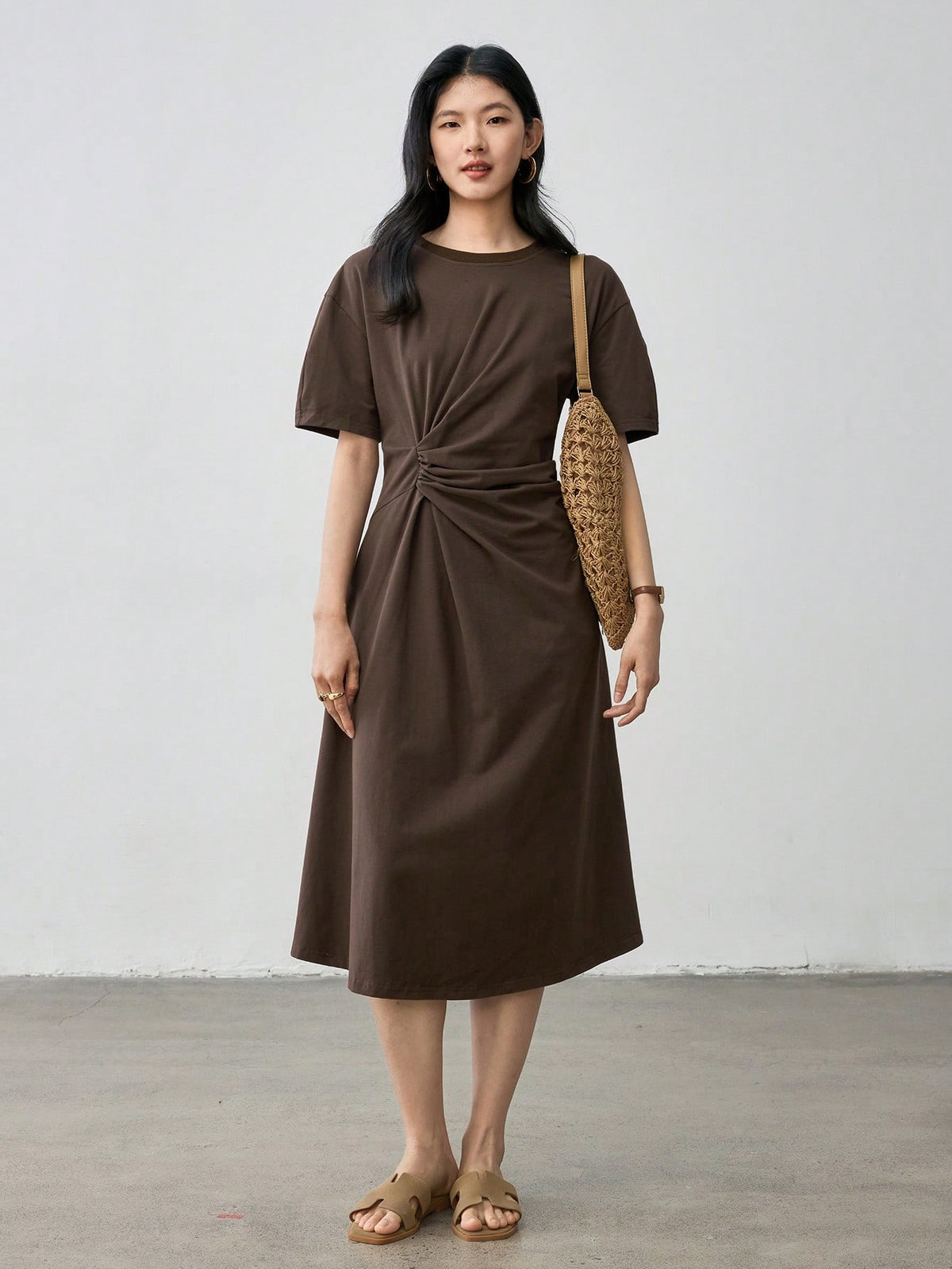 Dazy-Less Casual Business Draped Pleated Design Loose Straight Midi Dress For Women Summer Old Money Style Sundress,Teacher Outfits