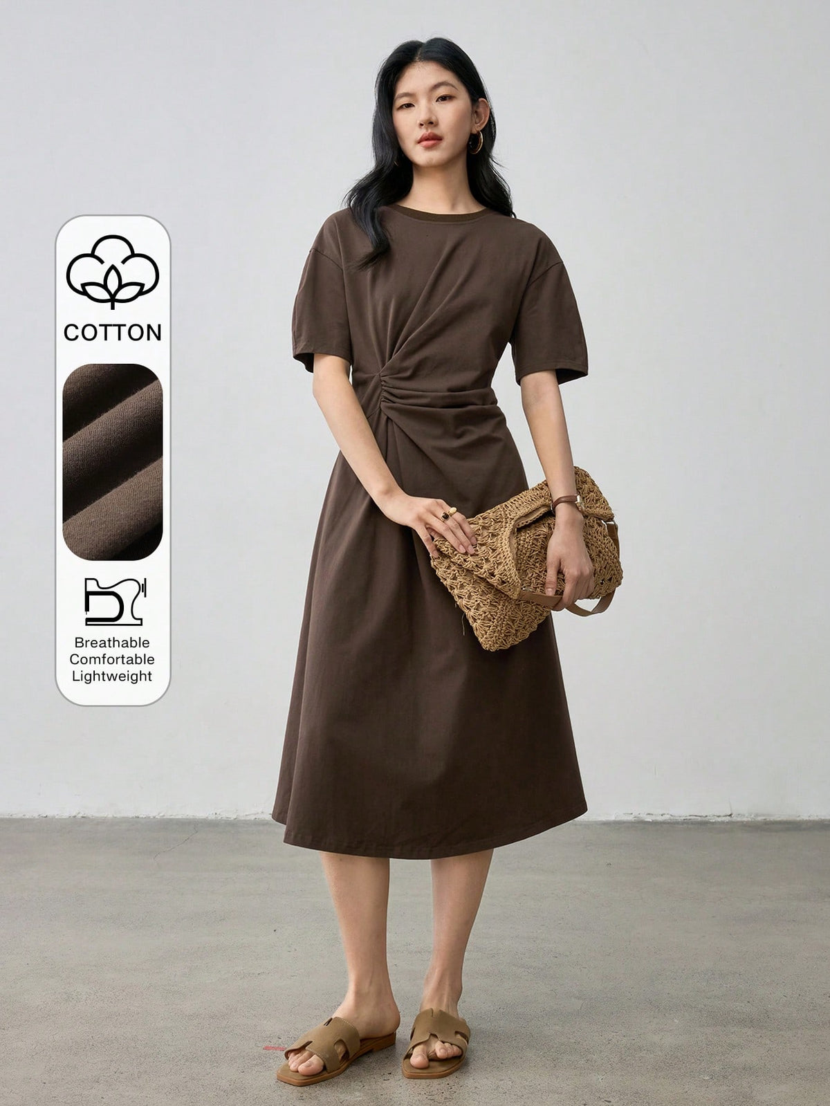 Dazy-Less Casual Business Draped Pleated Design Loose Straight Midi Dress For Women Summer Old Money Style Sundress,Teacher Outfits