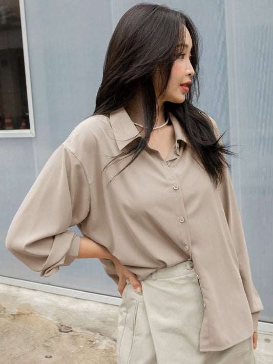 DAZY Solid Button Front Drop Shoulder Shirt,Long Sleeve Tops,Fall Women Clothes