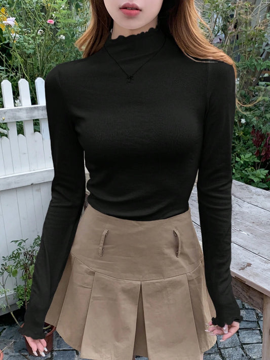 DAZY Solid Mock Neck Lettuce Trim Tee Long Sleeve Women Tops