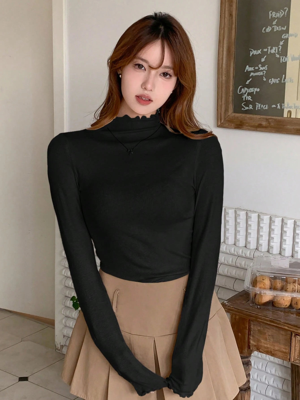 DAZY Solid Mock Neck Lettuce Trim Tee Long Sleeve Women Tops