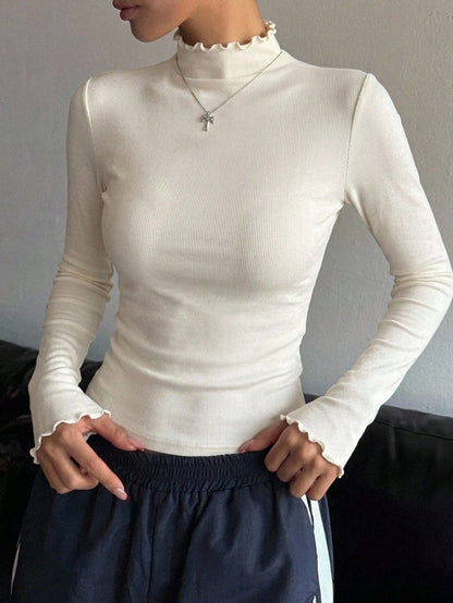 DAZY Solid Mock Neck Lettuce Trim Tee Long Sleeve Women Tops