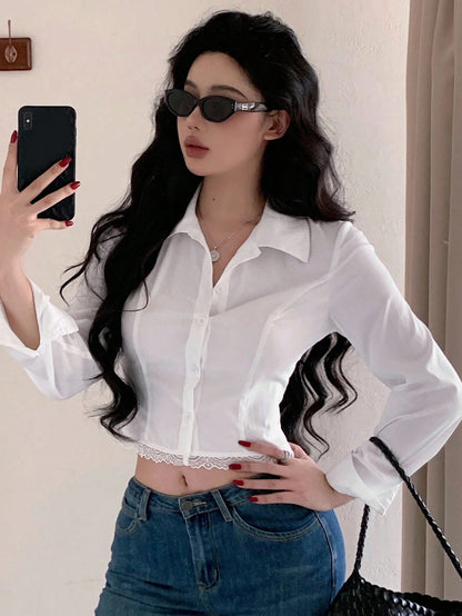 DAZY Spring/Autumn Sexy Fishbone Cut-Out College Style Slim Fit Hollow Lace Trim Patchwork Office Wear Elegant Long Sleeve Women's Blouse